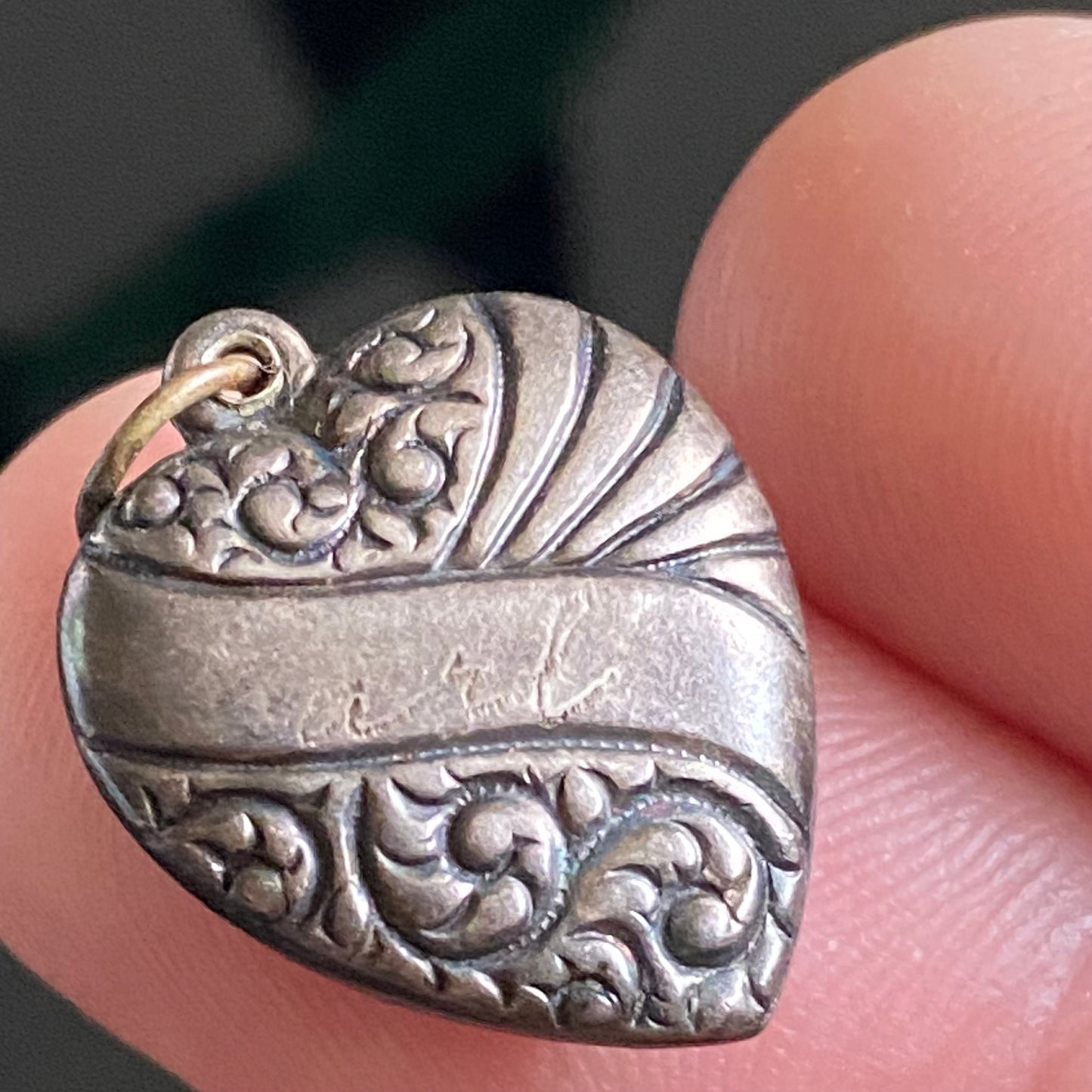 Vintage Sterling Silver Repousse Scroll Puffy Heart Charm Pendant