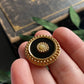 Antique Victorian Round Rolled Gold Jet Glass Mourning Pin Brooch