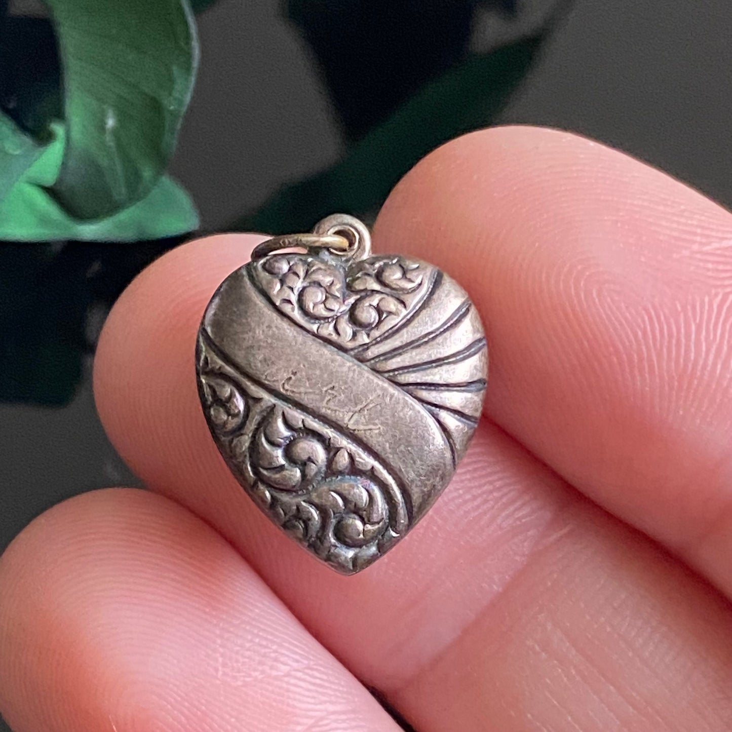 Vintage Sterling Silver Repousse Scroll Puffy Heart Charm Pendant