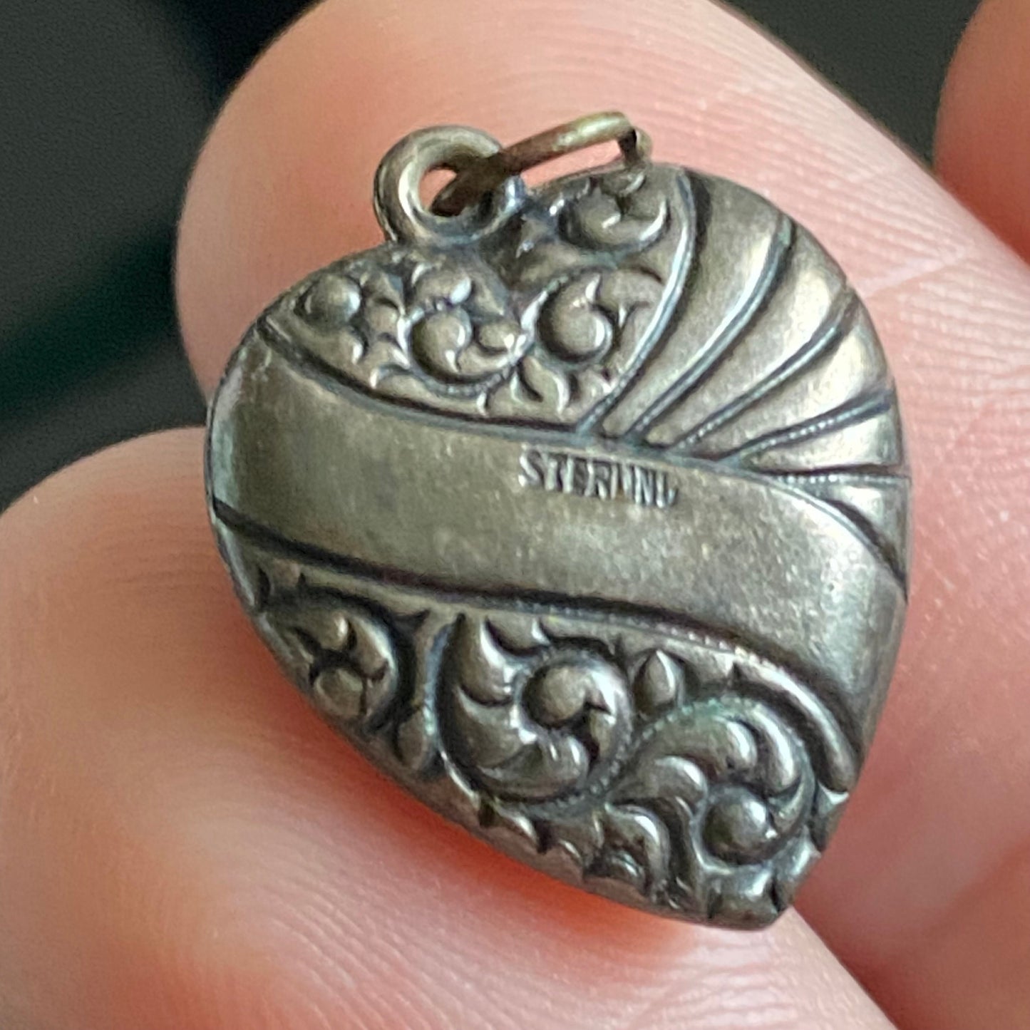 Vintage Sterling Silver Repousse Scroll Puffy Heart Charm Pendant