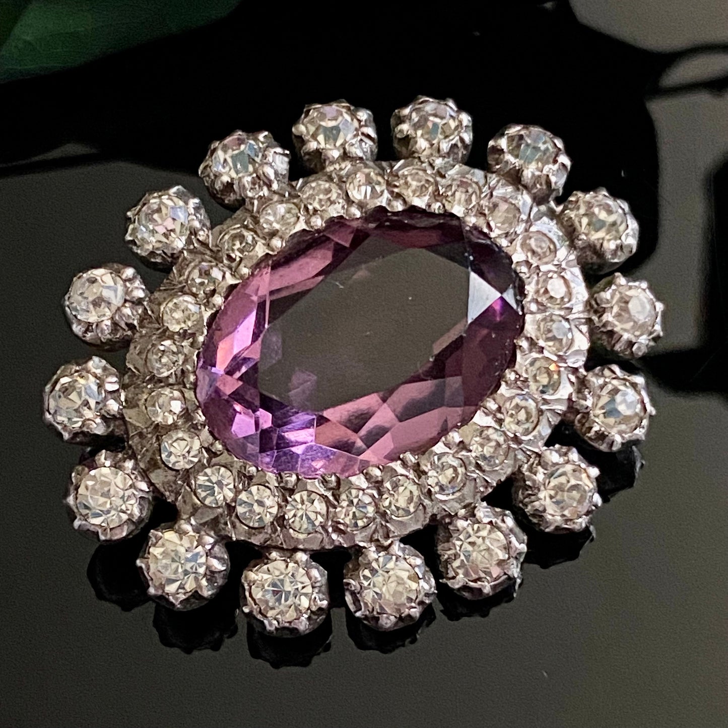 Antique Art Deco Sterling Silver Oval Amethyst Glass Paste Brooch