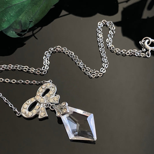 Vintage Rhodium Plated Paste Bow Crystal Necklace