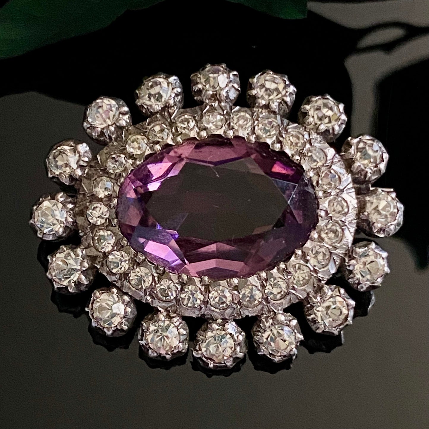 Antique Art Deco Sterling Silver Oval Amethyst Glass Paste Brooch