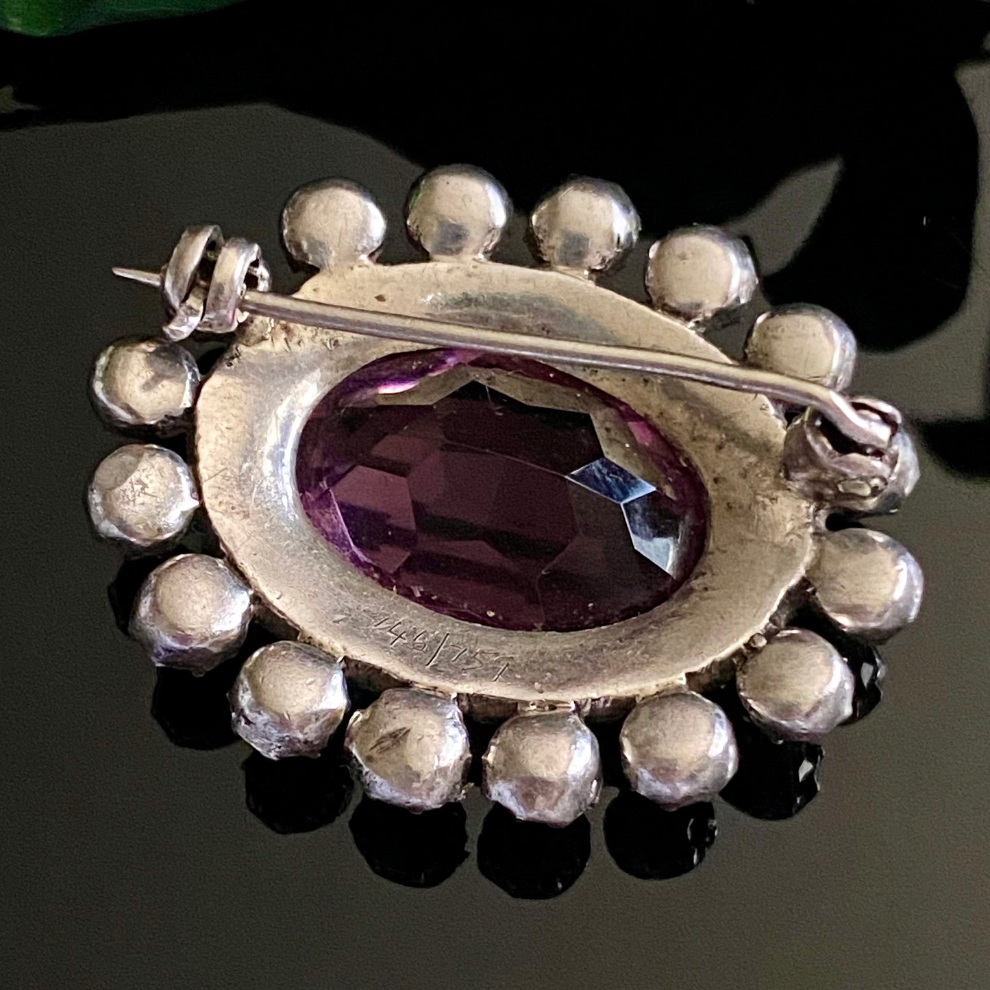 Antique Art Deco Sterling Silver Oval Amethyst Glass Paste Brooch