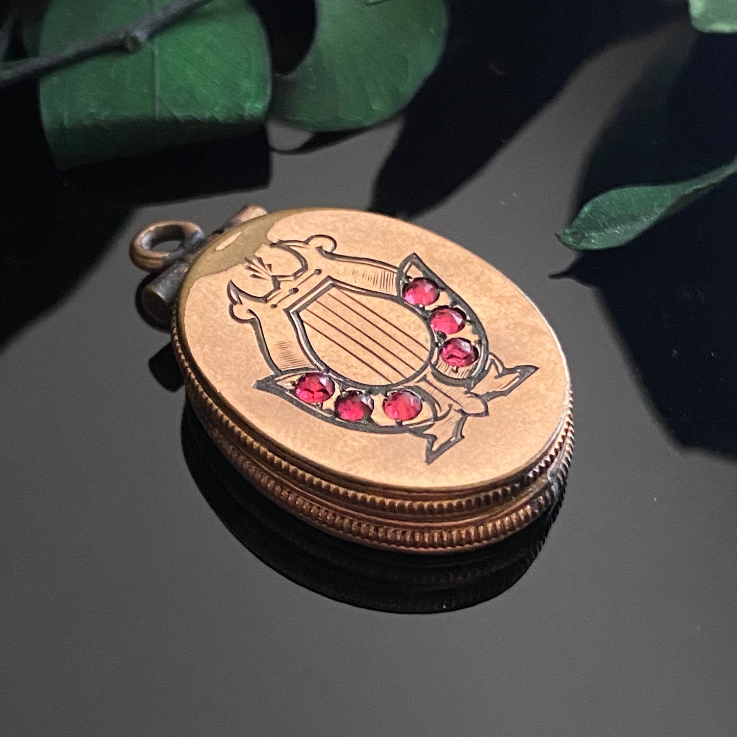 Antique Victorian Gold Filled Pink Paste Lyre Oval Fob Locket