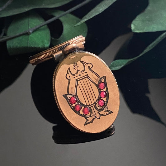 Antique Victorian Gold Filled Pink Paste Lyre Oval Fob Locket