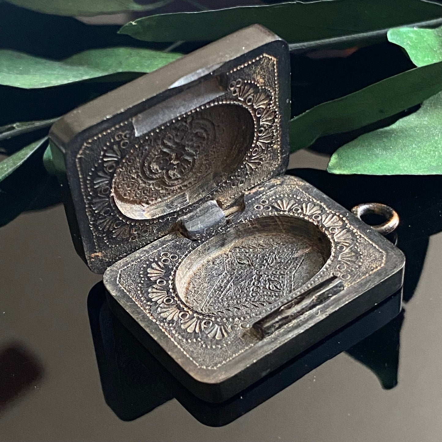 Antique Victorian Vulcanite Rectangular Pomegranate Mourning Locket