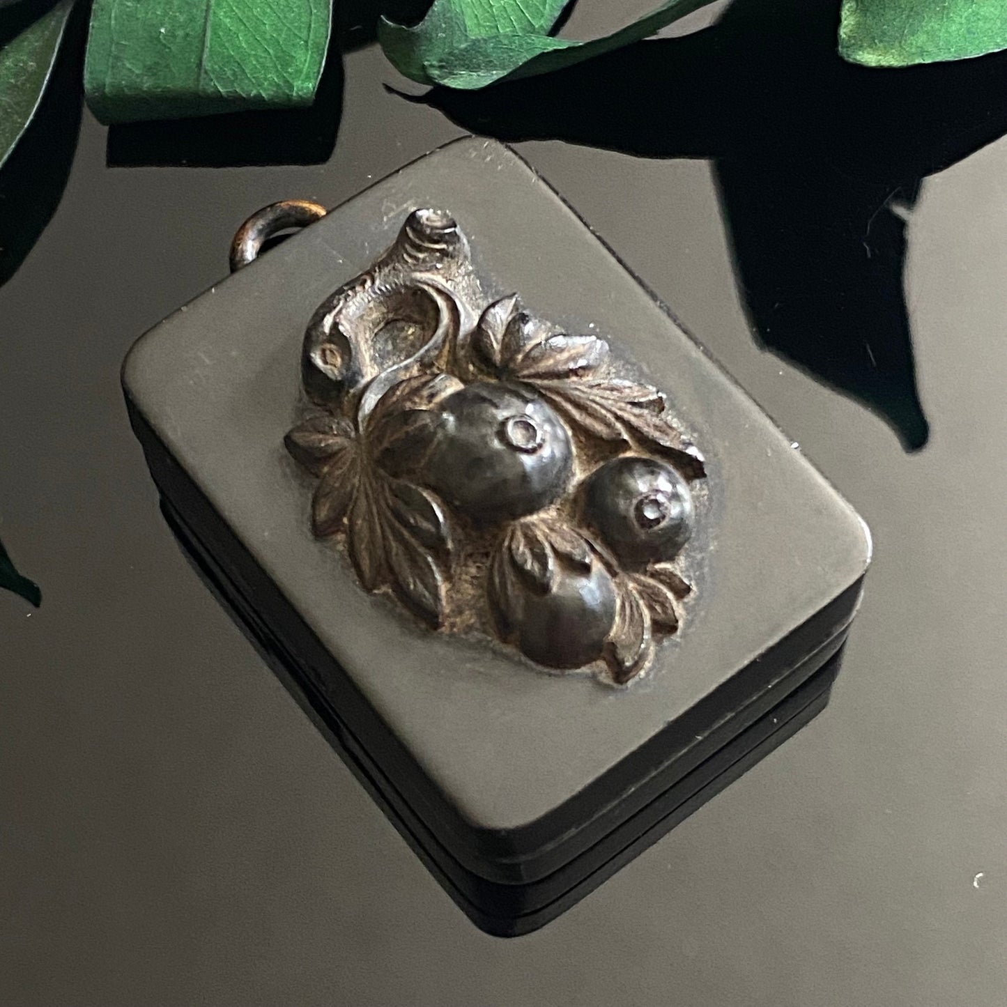 Antique Victorian Vulcanite Rectangular Pomegranate Mourning Locket