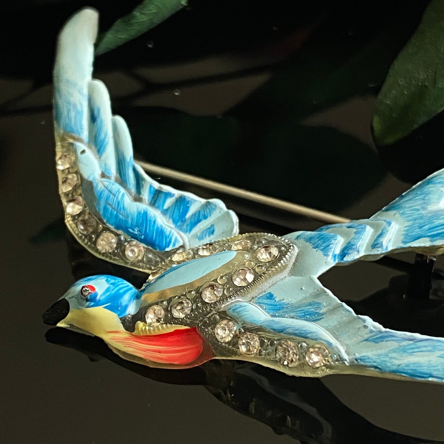 Vintage Celluloid Rhinestone Blue Bird Brooch