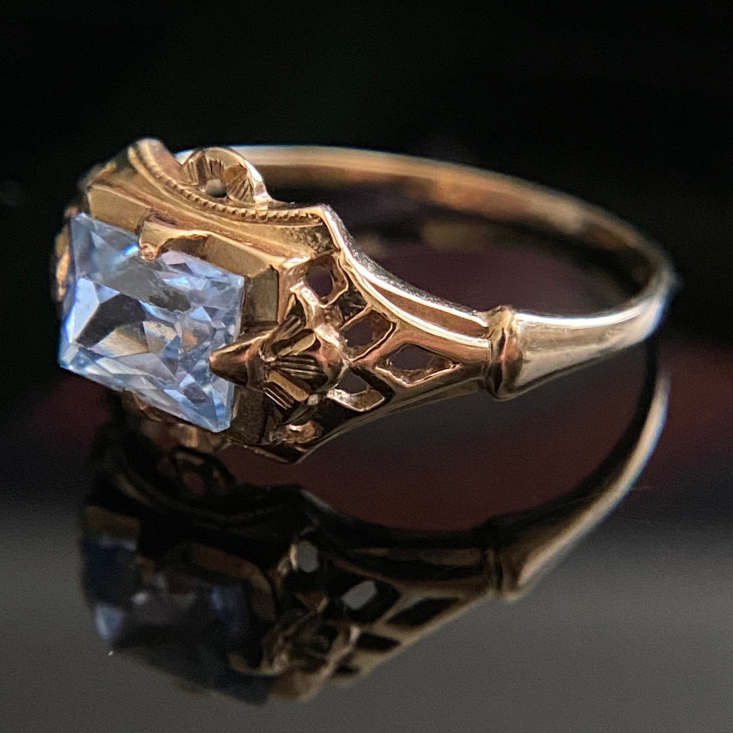 Vintage Light Blue Lab Spinel Baguette Filigree Ring Size 6.5