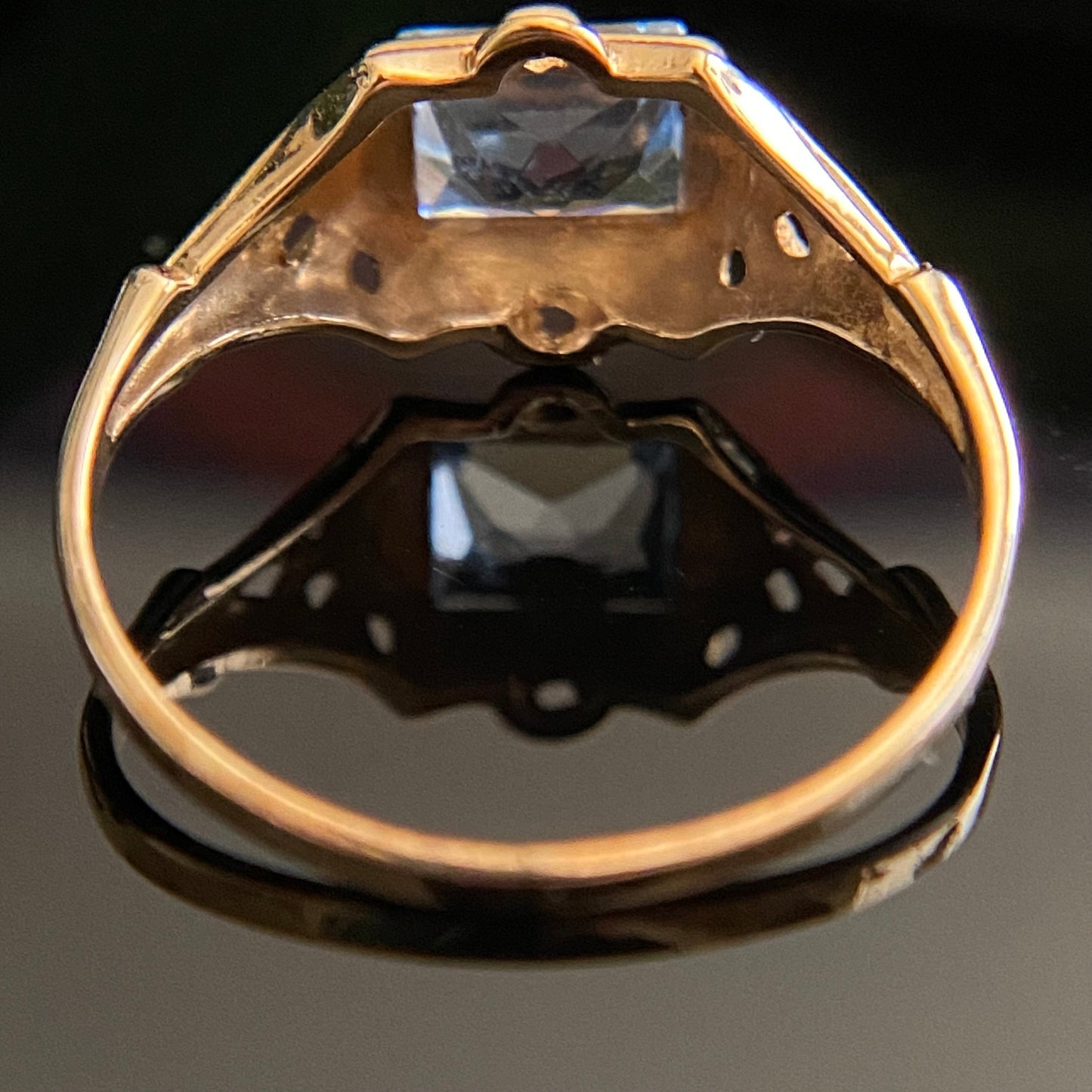 Vintage Light Blue Lab Spinel Baguette Filigree Ring Size 6.5