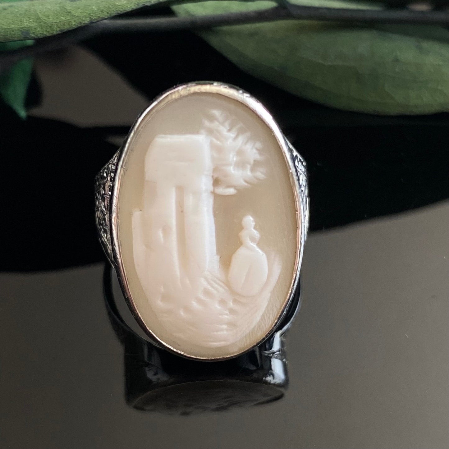 Antique 18k White Gold Rebecca at the Well Shell Cameo Ring | Size 7 | 7.6 Grams