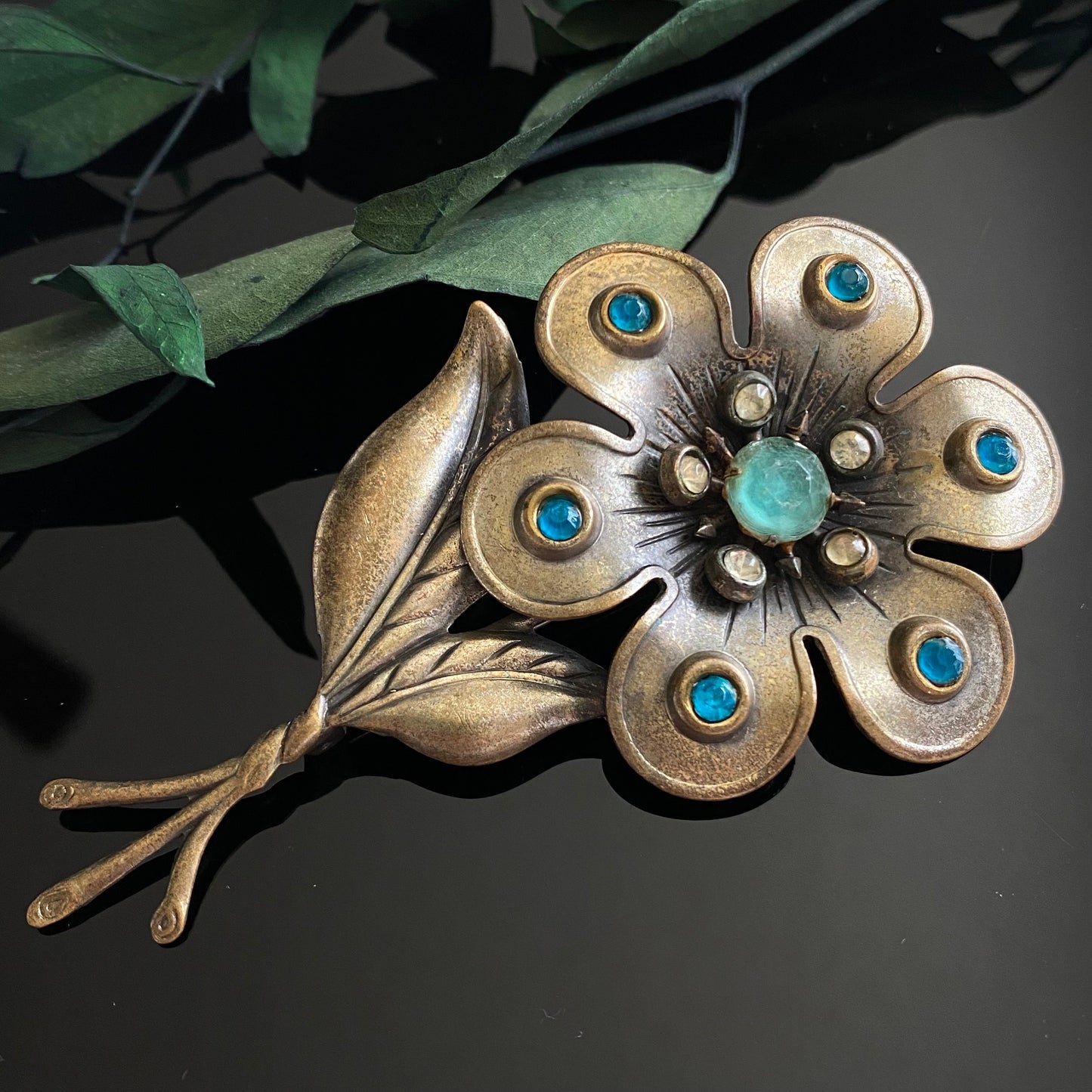 Vintage Large Blue Rhinestone Flower Brooch