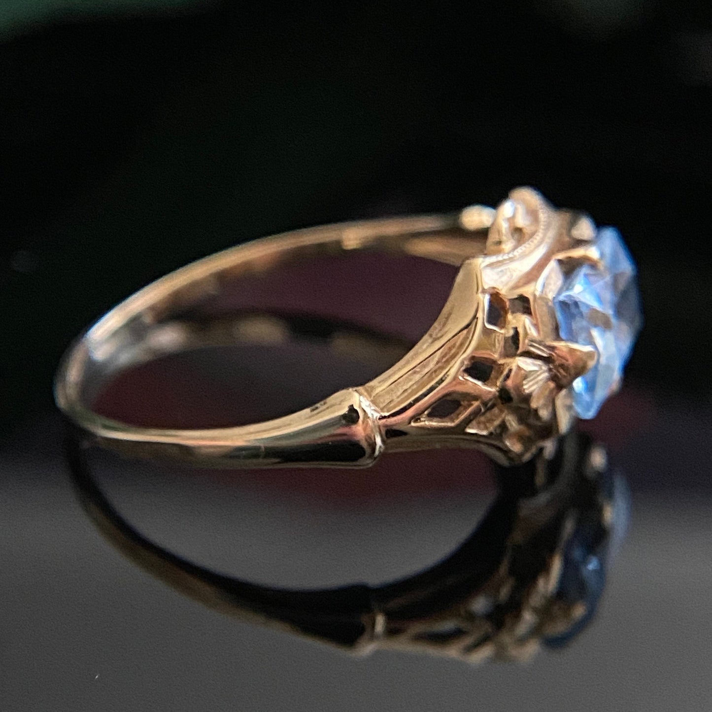 Vintage Light Blue Lab Spinel Baguette Filigree Ring Size 6.5