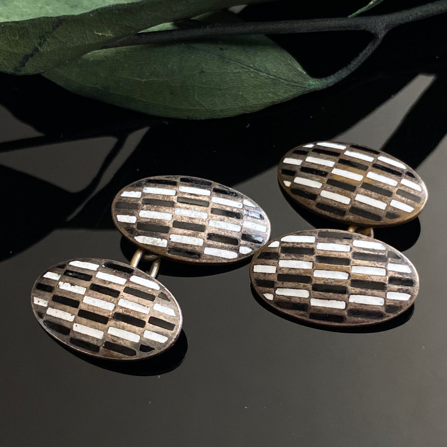 Antique Vintage Black White Checkerboard Enamel Cufflinks
