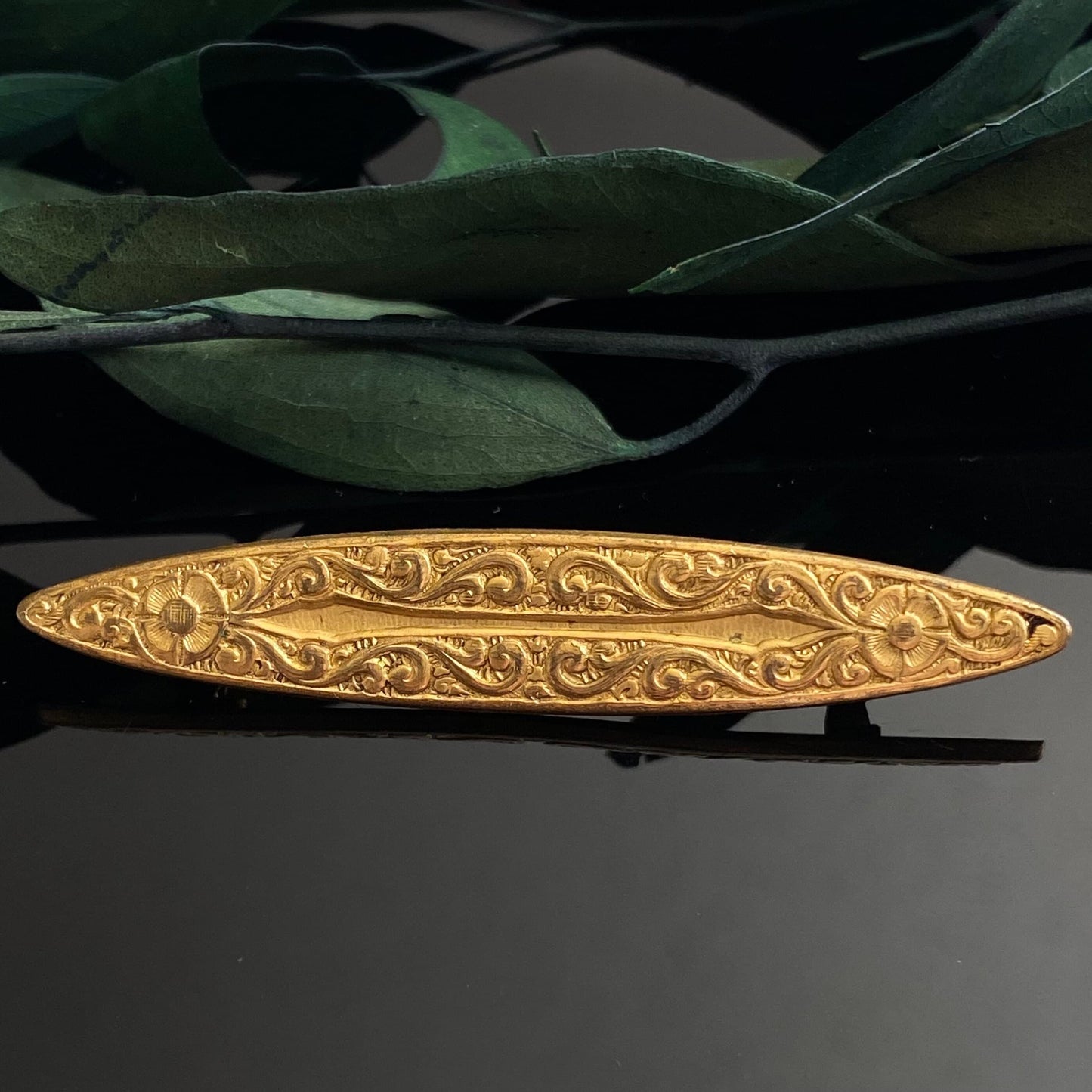 Antique Art Nouveau Gilt Flower Long Navette Pin Brooch