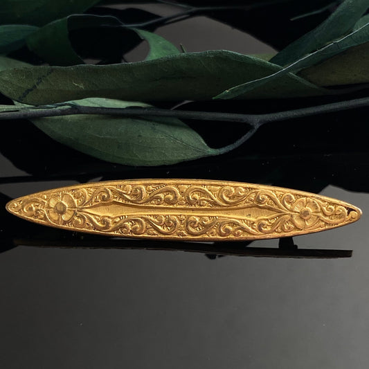 Antique Art Nouveau Gilt Flower Long Navette Pin Brooch