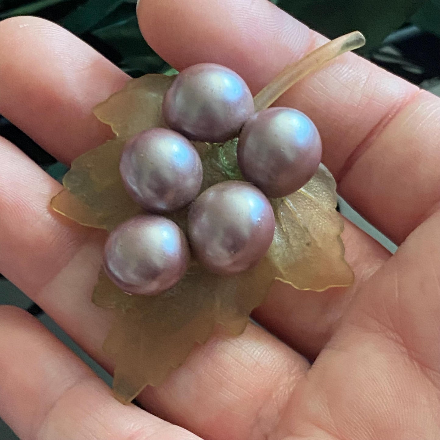 Vintage Celluloid Faux Purple Pearl Grape Bunch Leaf Brooch