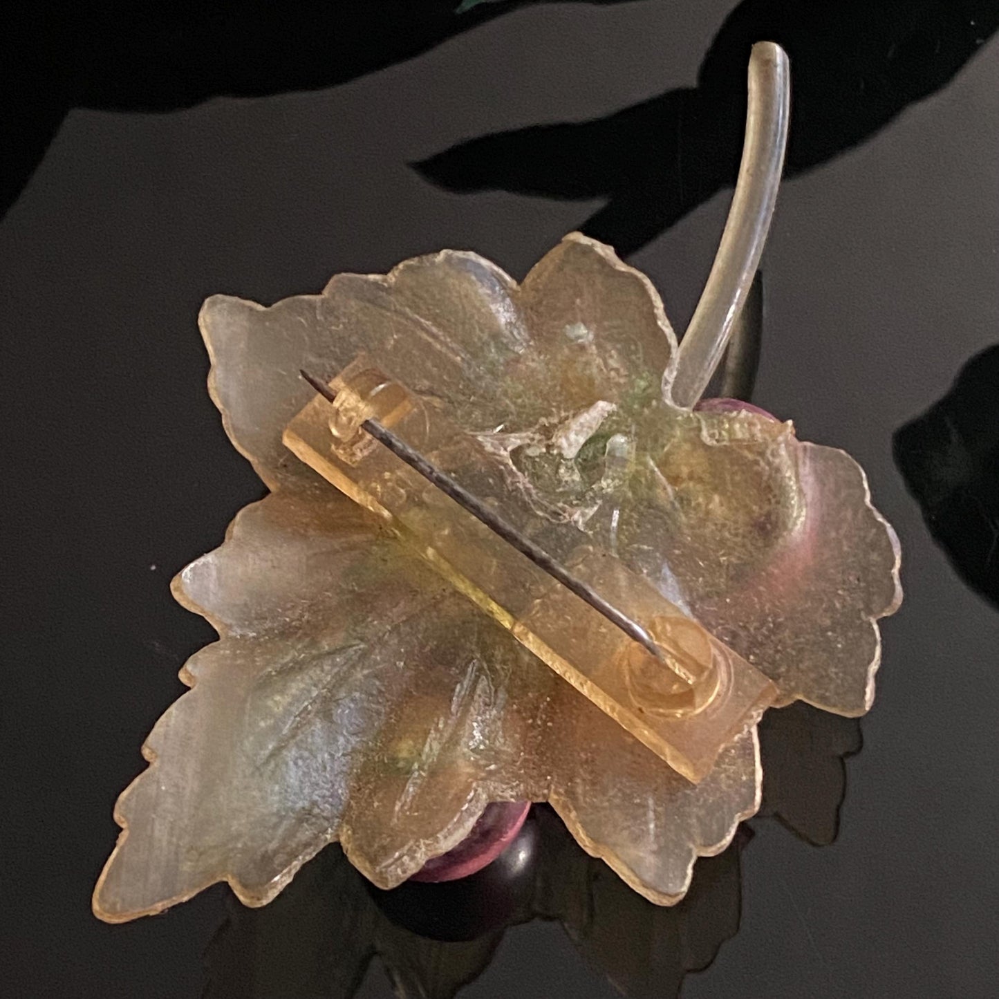 Vintage Celluloid Faux Purple Pearl Grape Bunch Leaf Brooch
