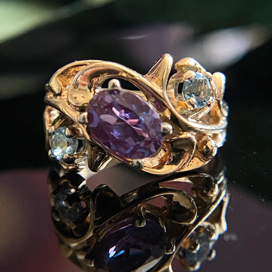Estate 14k Gold Lab Grown Alexandrite & Aquamarine Ring Size 4