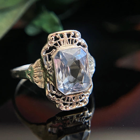Art Deco 14k White Gold Filigree Emerald Cut Light Blue Lab Spinel Ring Size 5.75