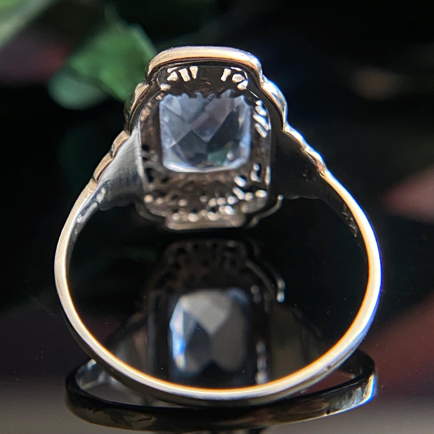 Art Deco 14k White Gold Filigree Emerald Cut Light Blue Lab Spinel Ring Size 5.75