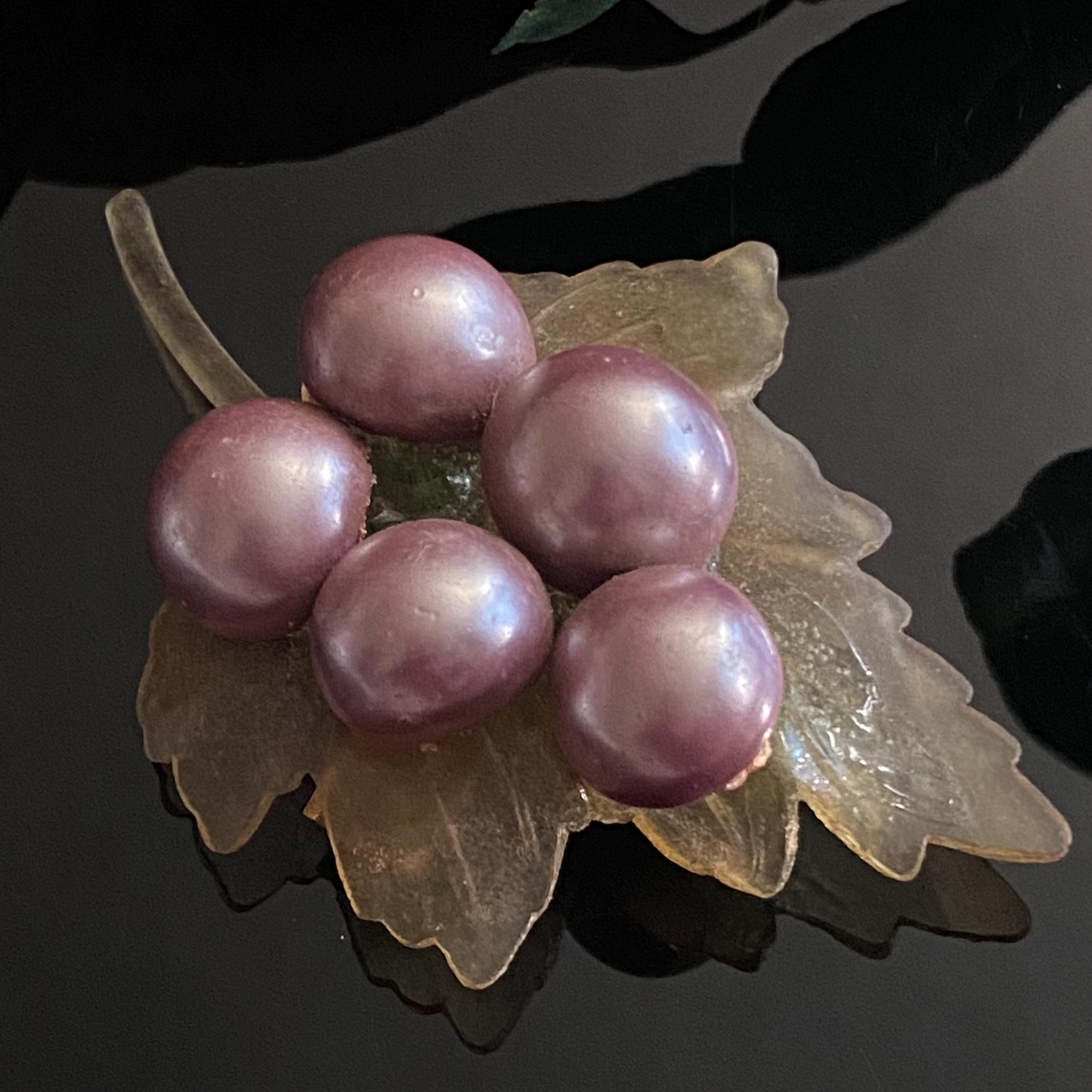 Vintage Celluloid Faux Purple Pearl Grape Bunch Leaf Brooch