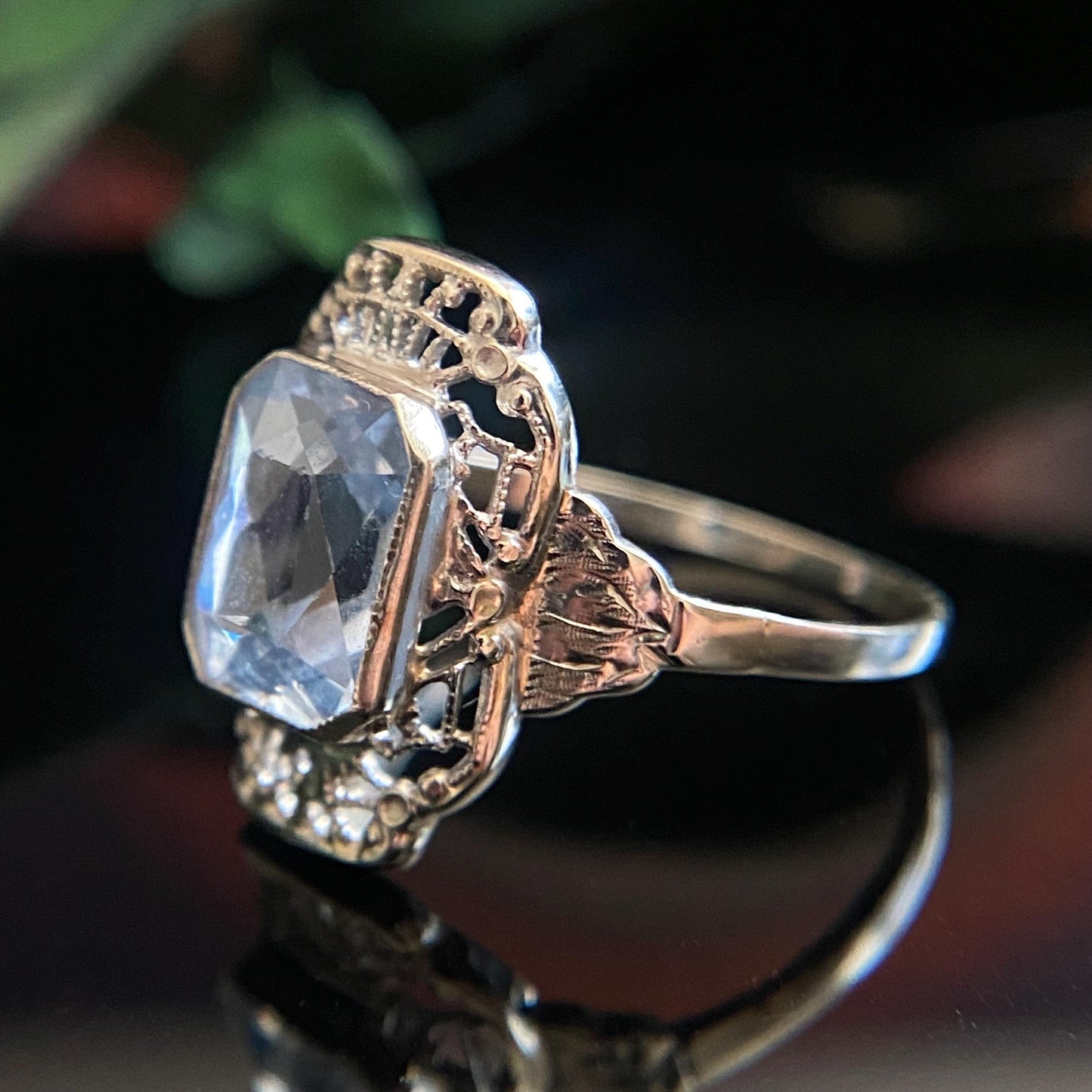 Art Deco 14k White Gold Filigree Emerald Cut Light Blue Lab Spinel Ring Size 5.75