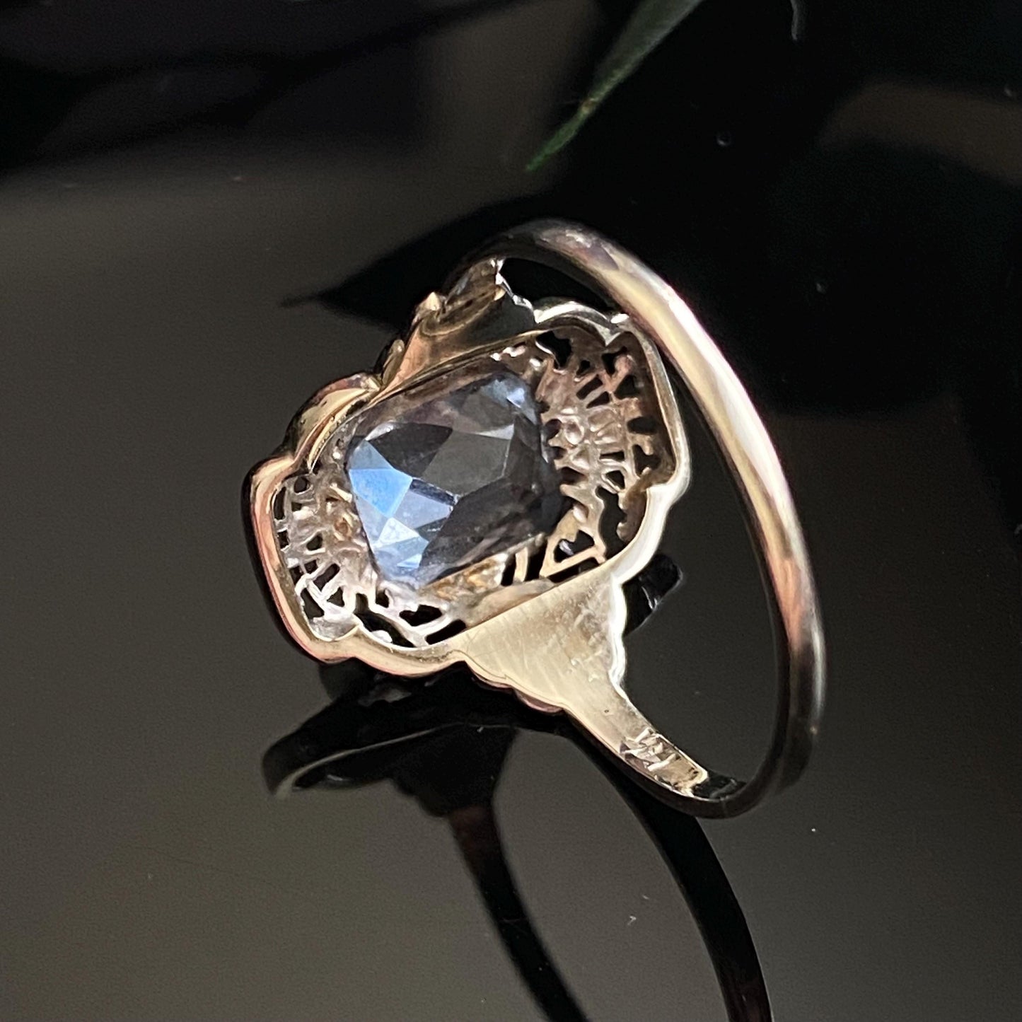 Art Deco 14k White Gold Filigree Emerald Cut Light Blue Lab Spinel Ring Size 5.75