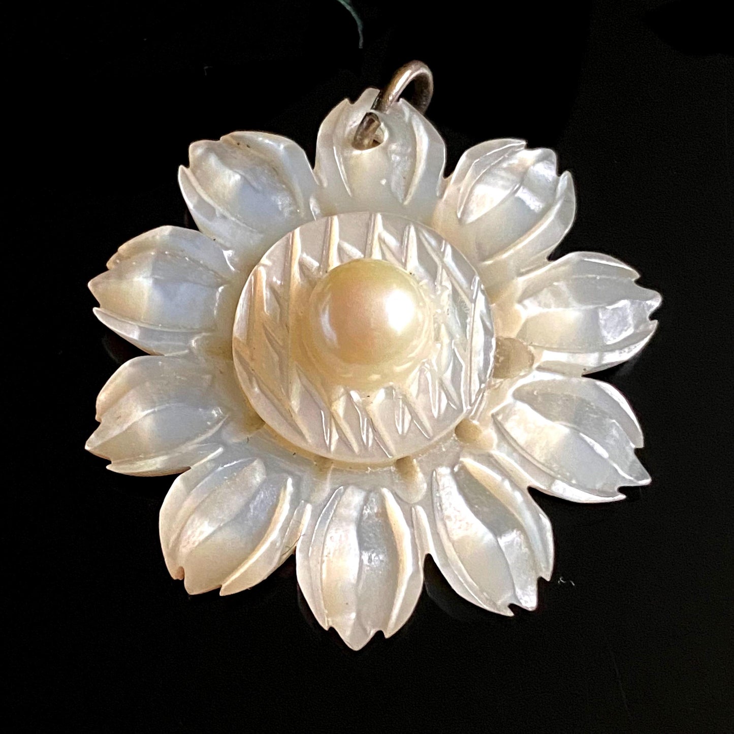 Vintage Carved Mother of Pearl Flower Pendant
