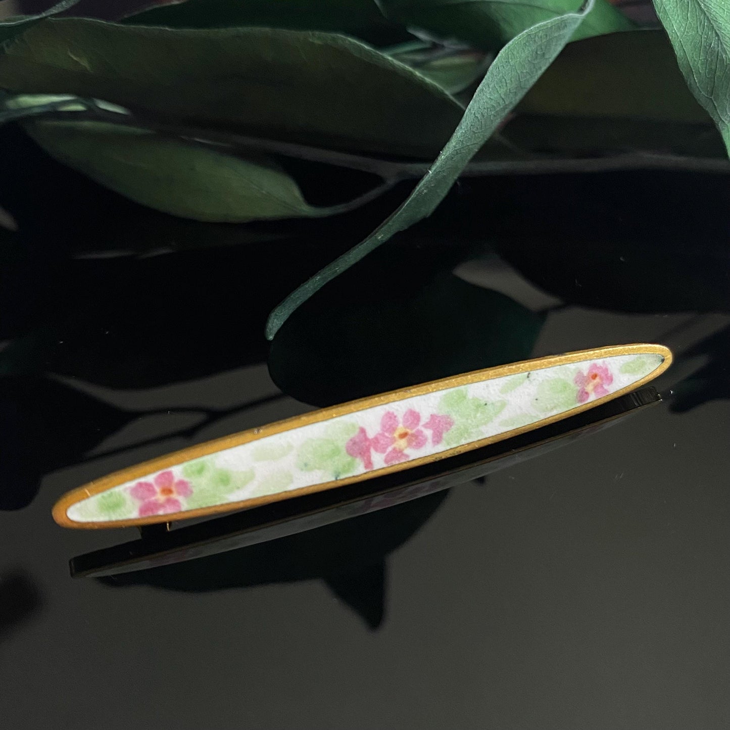 Antique Edwardian Pink Enamel Flower Bar Pin Brooch
