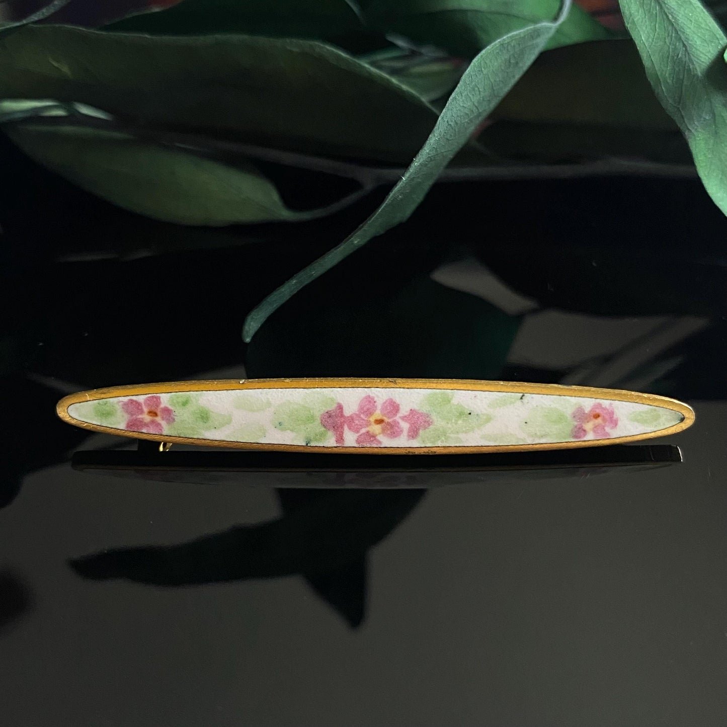 Antique Edwardian Pink Enamel Flower Bar Pin Brooch
