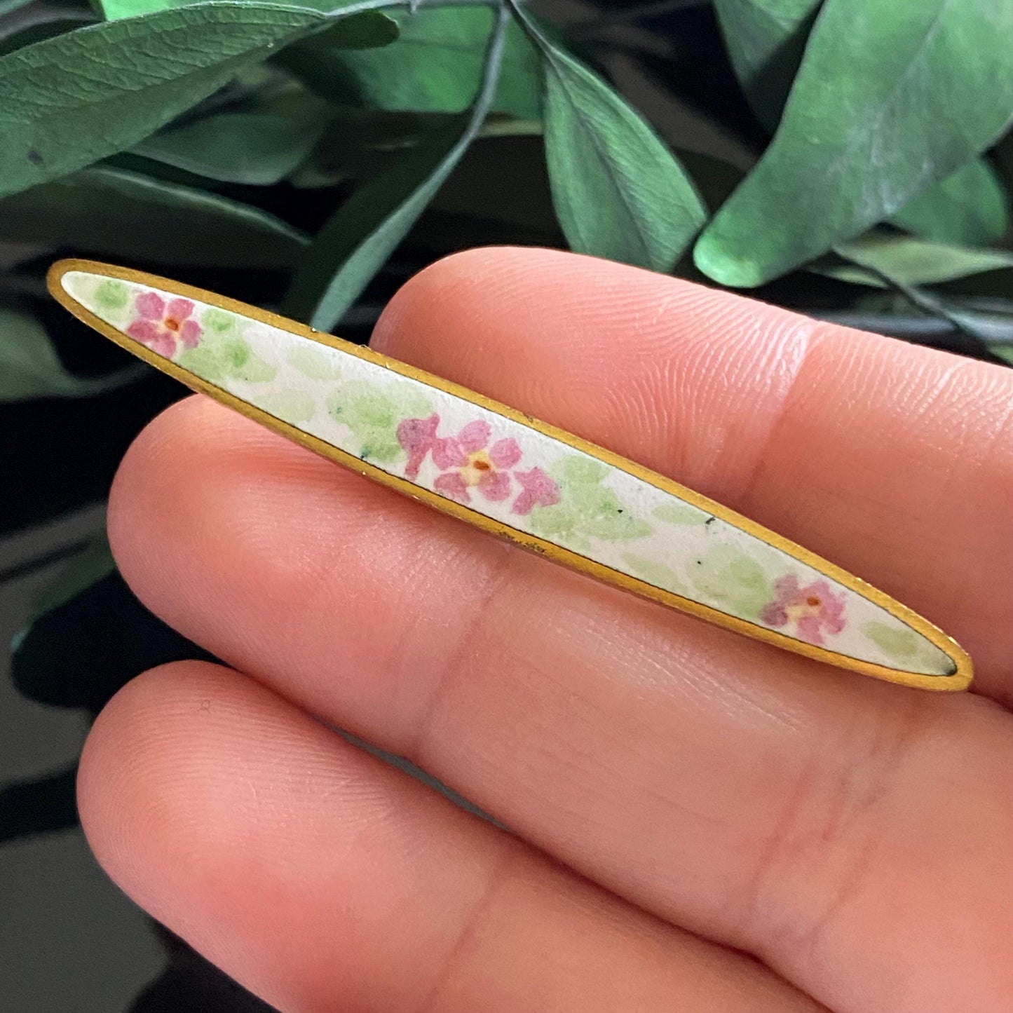 Antique Edwardian Pink Enamel Flower Bar Pin Brooch