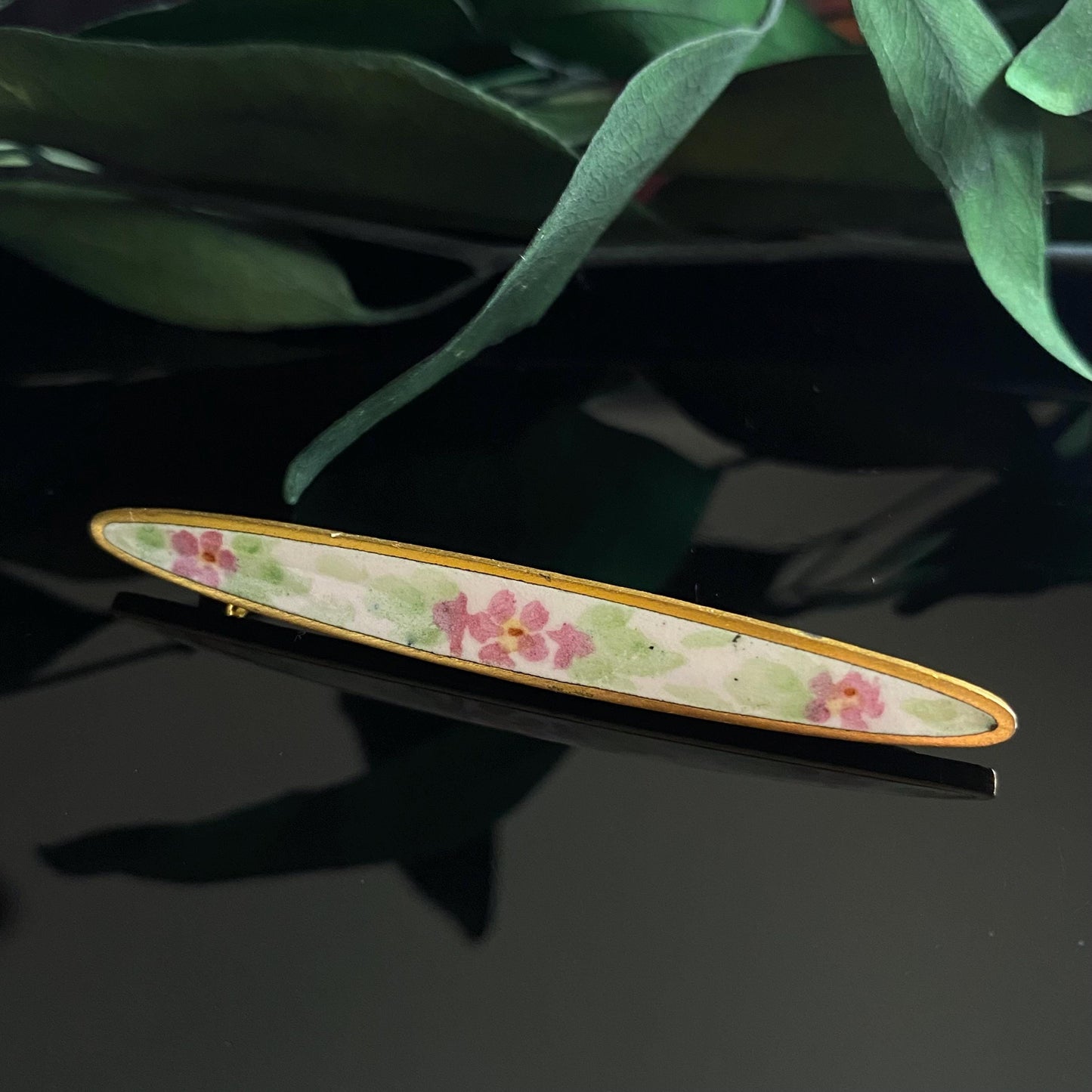 Antique Edwardian Pink Enamel Flower Bar Pin Brooch