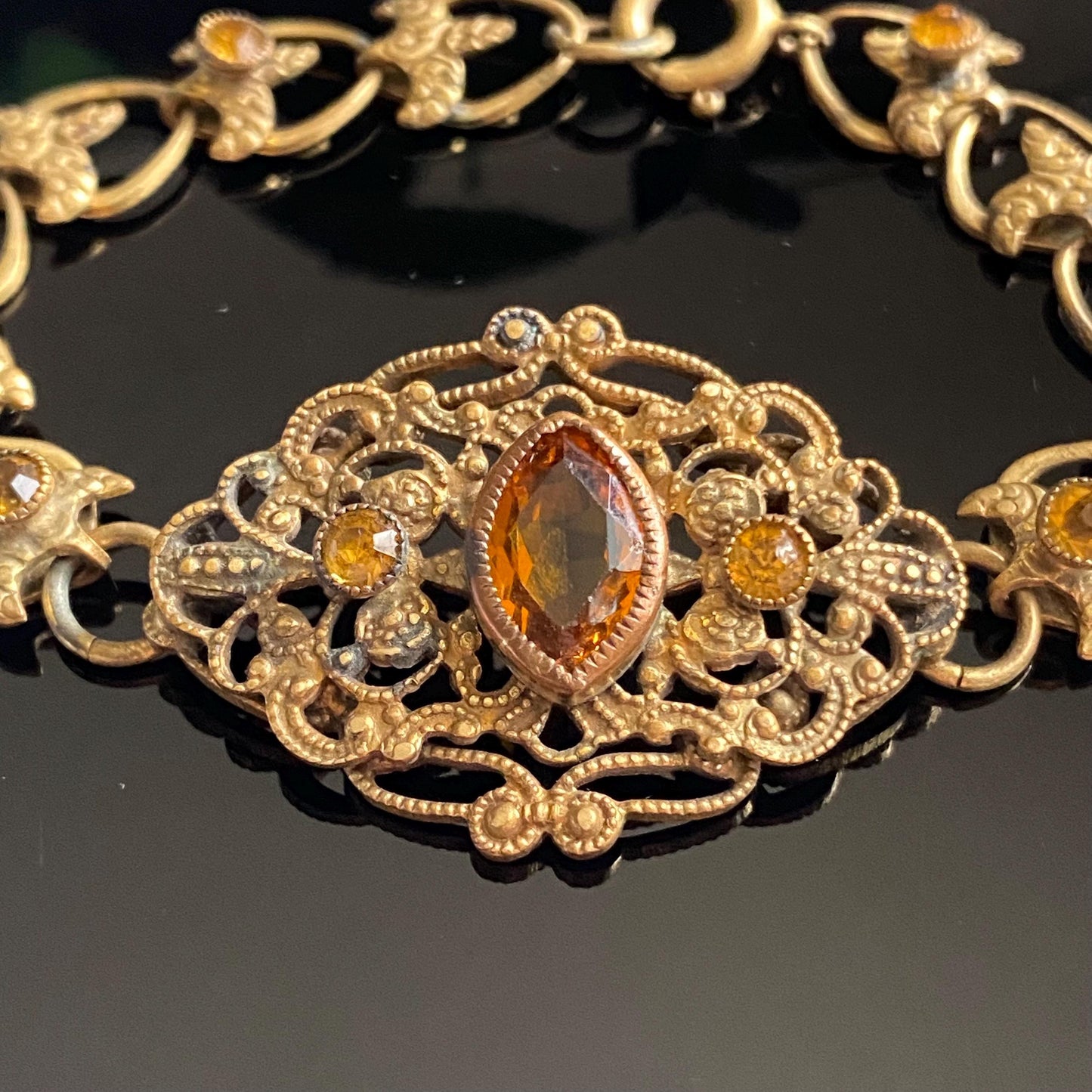 Antique Vintage Art Deco Orange Czech Glass Filigree Bracelet