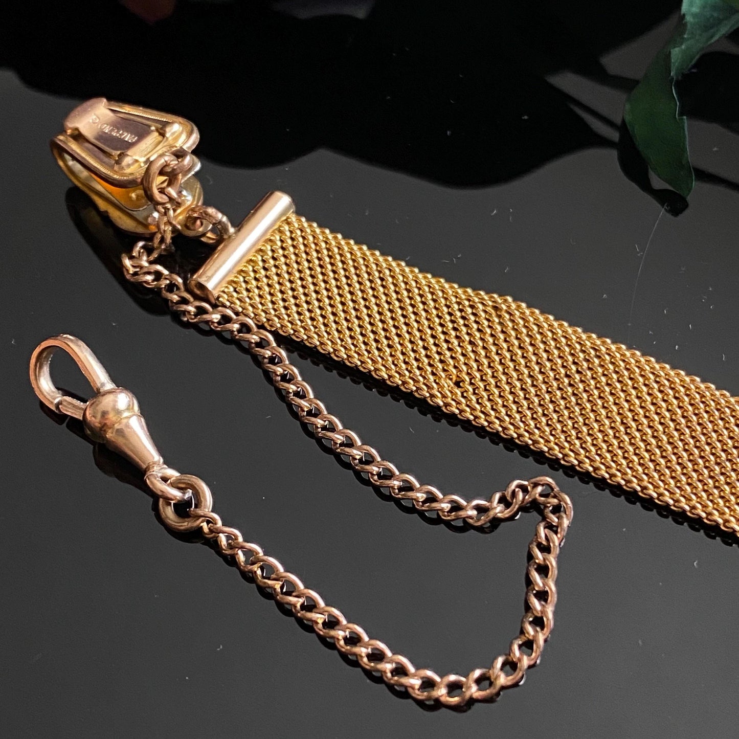 Antique Gold Filled Slim Mesh Vest Clip Watch Fob Chain