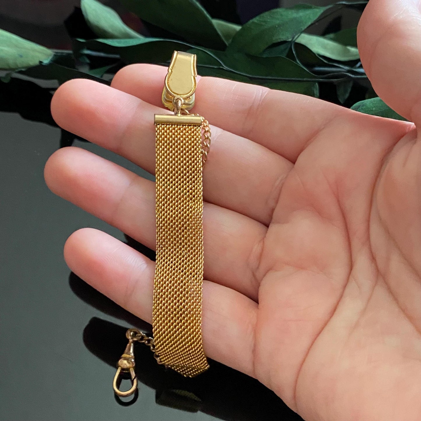 Antique Gold Filled Slim Mesh Vest Clip Watch Fob Chain