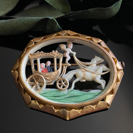 Antique Celluloid Lover's Chariot Brass Frame Brooch