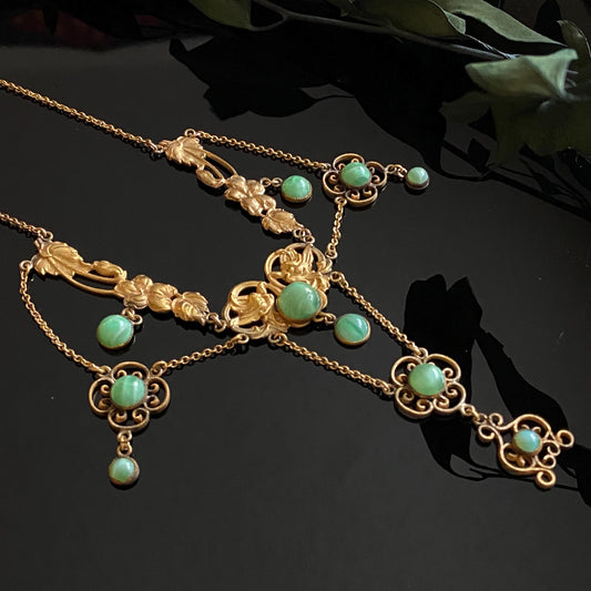 Antique Art Nouveau Gold Filled Green Glass Festoon Necklace