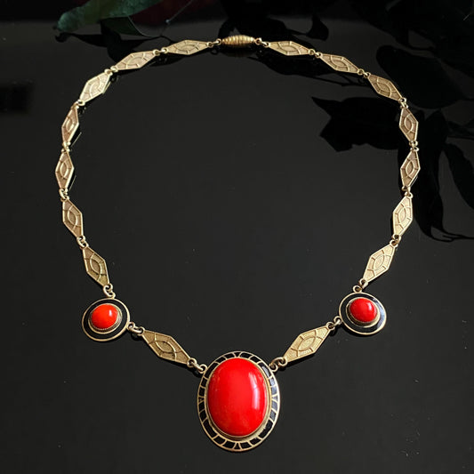 Vintage Art Deco Coral Glass & Black Enamel Necklace 15.5”