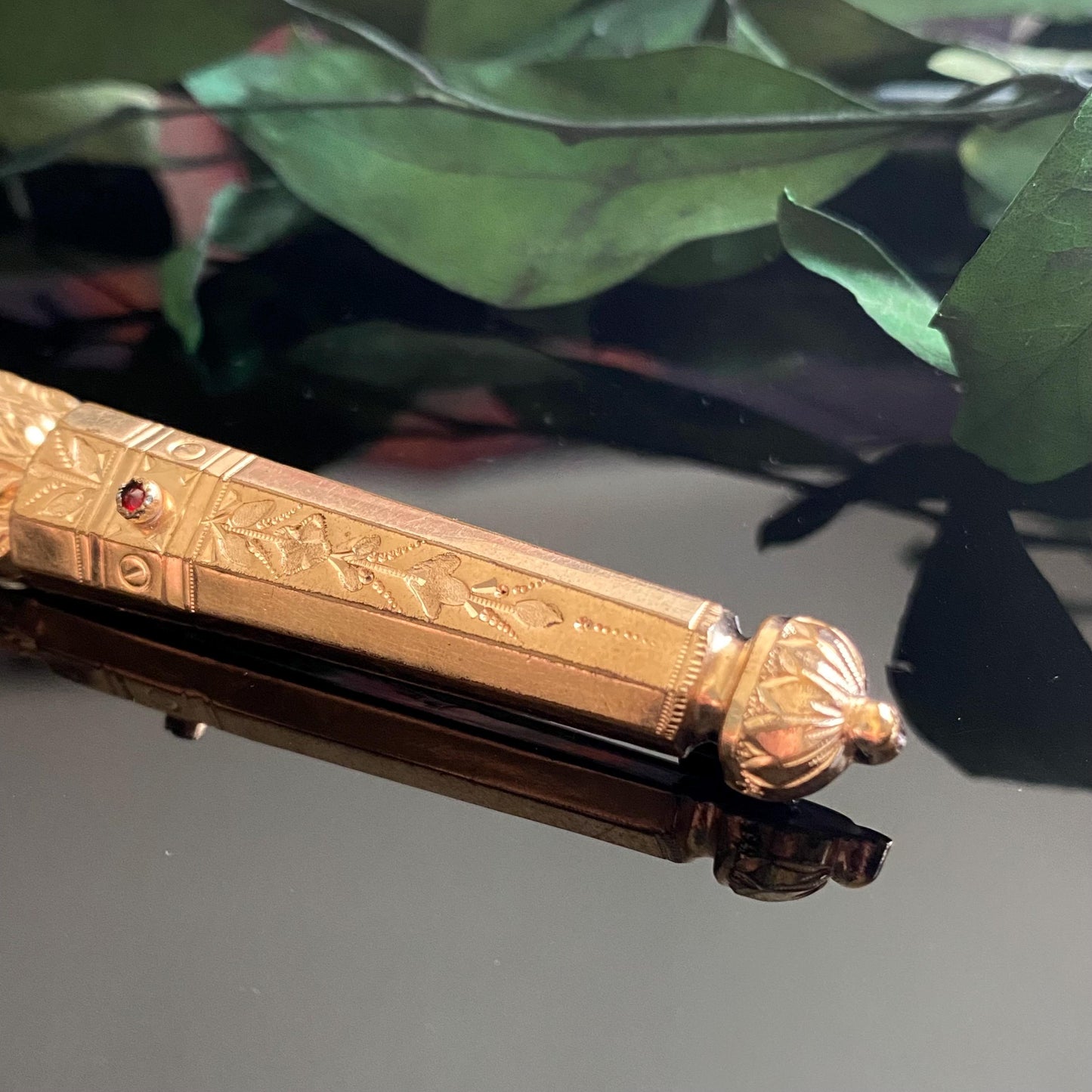 Antique Victorian Gold Filled Rose Cut Garnet Hollowware Torch Brooch