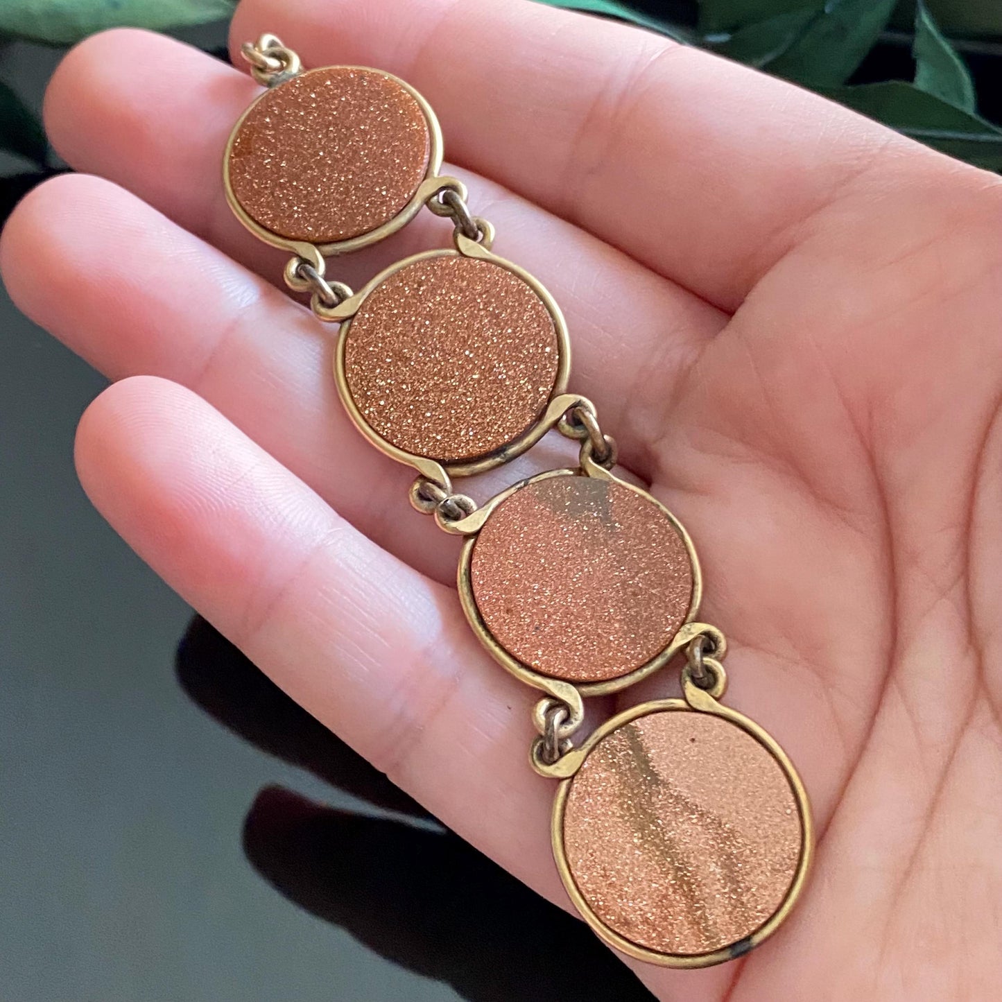 Antique Gold Filled Round Goldstone Watch Fob Chain