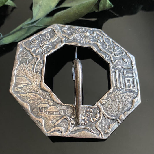 Antique Asian Village Landscape Cherry Blossom Sash Pin Buckle Brooch