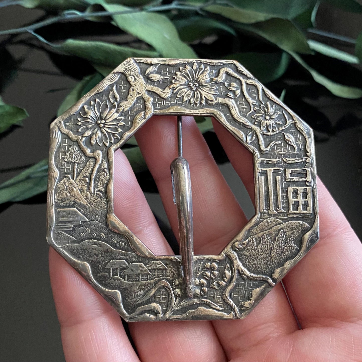 Antique Asian Village Landscape Cherry Blossom Sash Pin Buckle Brooch
