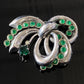 Vintage Silver Metal Green Rhinestone Ribbon Brooch | Retro 1940s-1950s