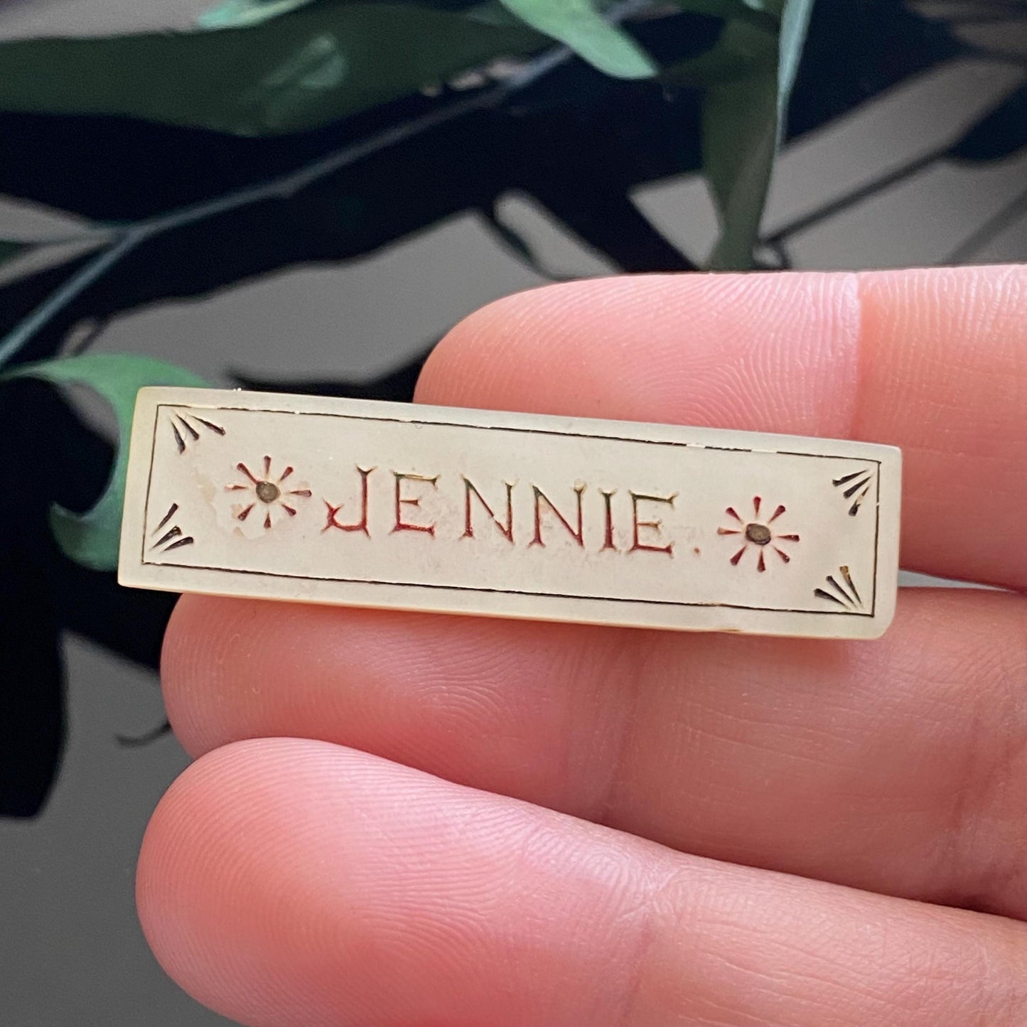 Antique Victorian Mother of Pearl Rectangle Engraved Name "JENNIE"  Brooch