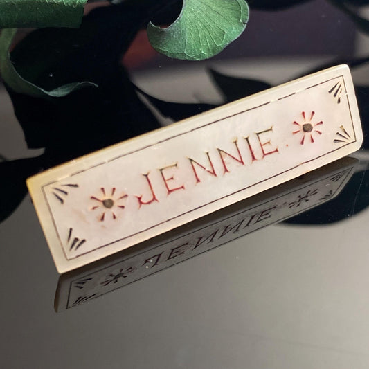 Antique Victorian Mother of Pearl Rectangle Engraved Name "JENNIE"  Brooch