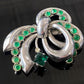 Vintage Silver Metal Green Rhinestone Ribbon Brooch | Retro 1940s-1950s