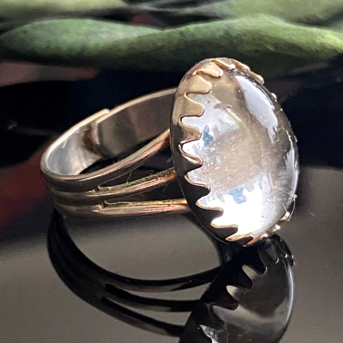 Vintage Clear Glass Cabochon Silver Tone Adjustable Ring