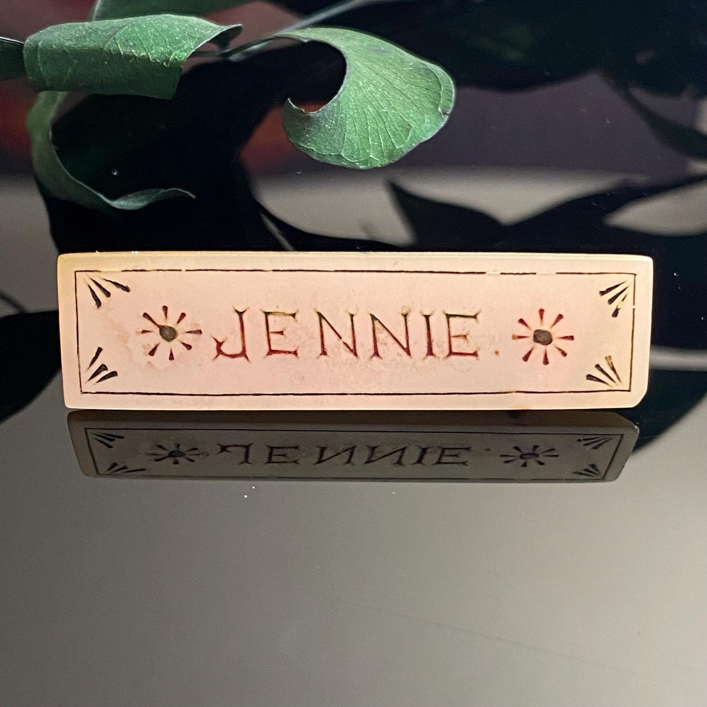 Antique Victorian Mother of Pearl Rectangle Engraved Name "JENNIE"  Brooch